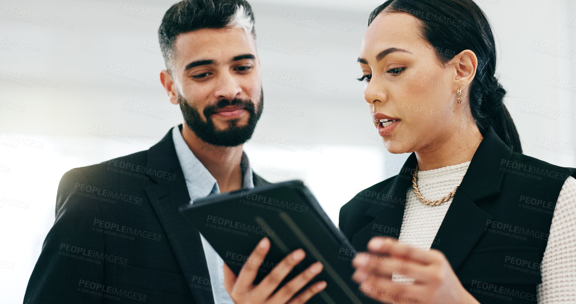 Buy stock photo Business people, tablet and talking in office for advice, project management and planning review. Man, woman and corporate employees with digital technology for feedback, team collaboration and info