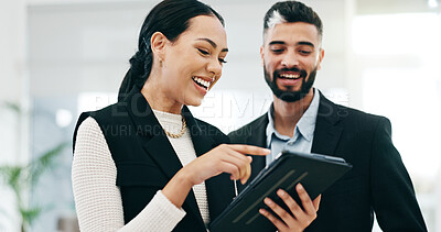 Teamwork, tablet and business people in office for advice, project management and planning review. Man, woman and happy corporate employees with digital technology for feedback, collaboration or talk