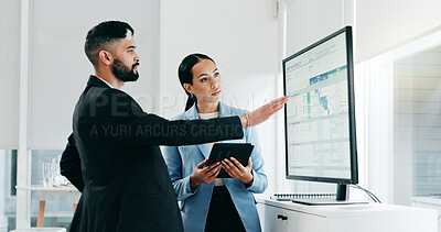 Data, presentation and business people with tablet in the office for project statistics planning, Discussion, technology and financial advisors analyzing finance graphs in collaboration at workplace.