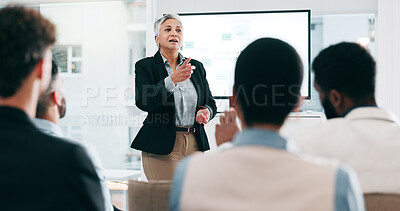 Business people, feedback and woman with presentation, seminar and questions with partnership, corporate training and discussion. Presenter, speaker and audience in a workshop, learning and crowd