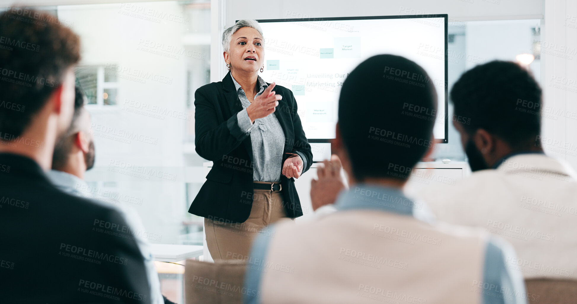 Buy stock photo Business people, feedback and woman with presentation, seminar and questions with partnership, corporate training and discussion. Presenter, speaker and audience in a workshop, learning and crowd