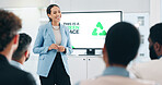 Business people, sustainability and woman with presentation, conference or ecology with partnership, corporate training or carbon footprint. Presenter, energy or audience in a workshop or agriculture