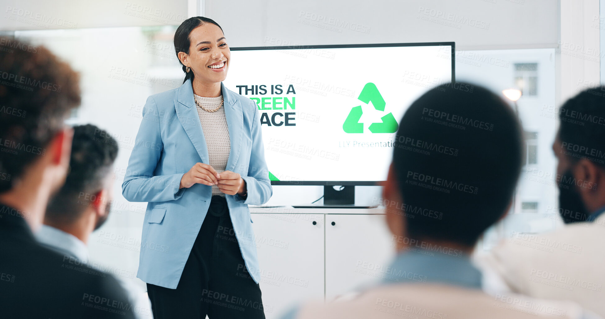 Buy stock photo Business people, sustainability and woman with presentation, conference or ecology with partnership, corporate training or carbon footprint. Presenter, energy or audience in a workshop or agriculture