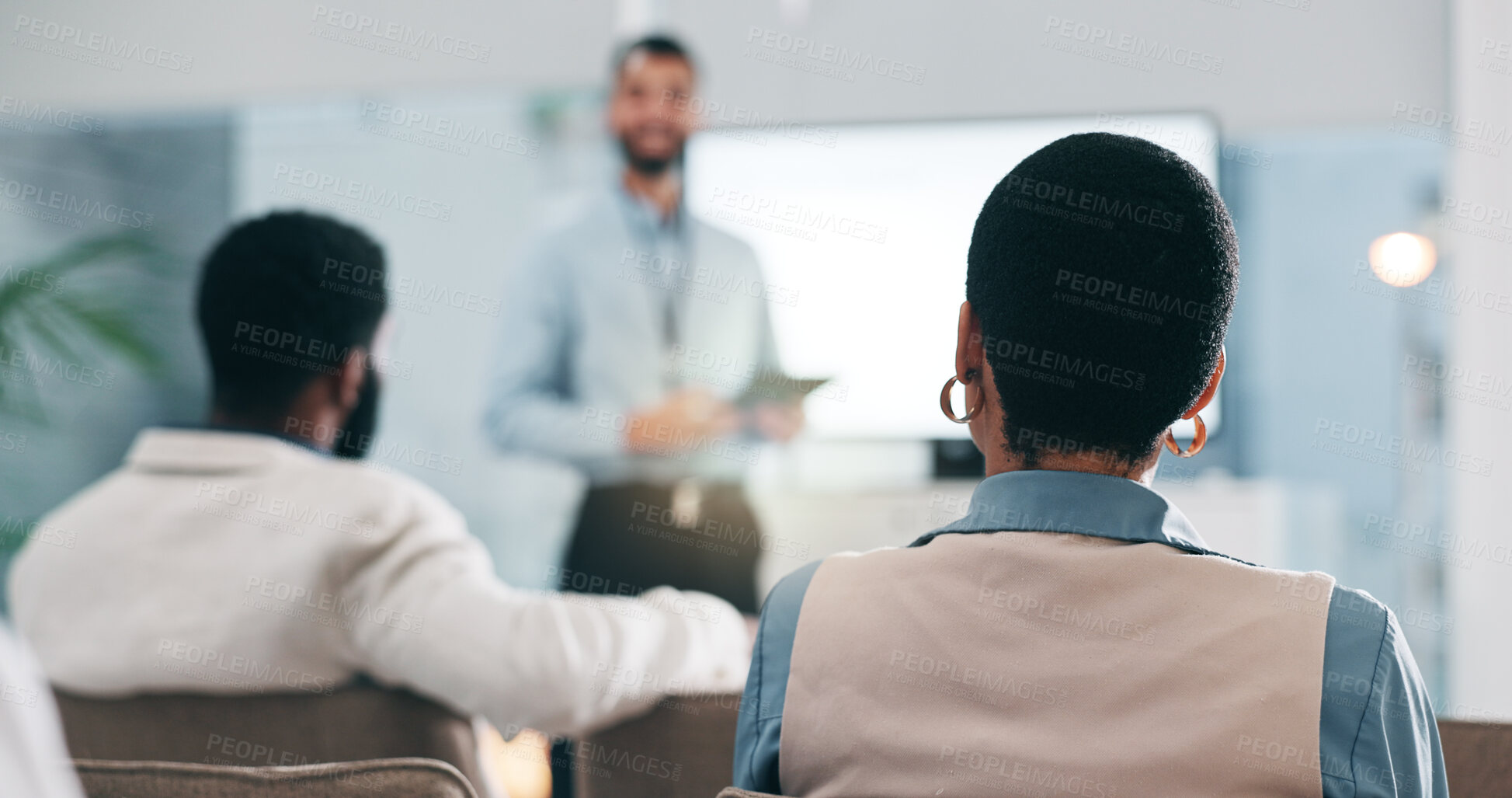 Buy stock photo Business people, feedback and woman with questions, seminar and conference with corporate training, talking and audience. Presenter, crowd or coaching in a workshop, learning and why with information