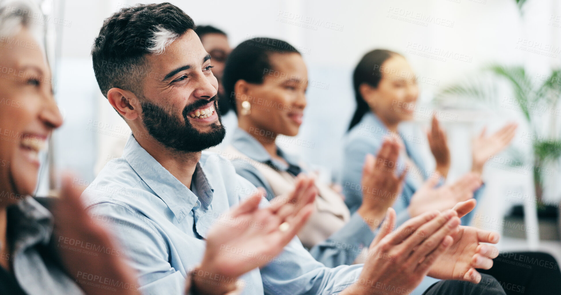 Buy stock photo Happy business people, man and group with applause in seminar, tradeshow and achievement of success. Face, employees and crowd clapping to celebrate workshop, praise and winning award at conference