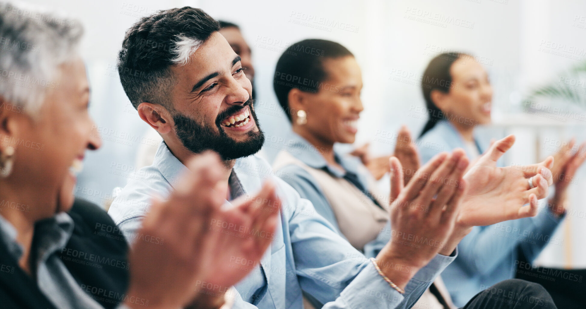 Buy stock photo Happy business people, man and group with applause in seminar, tradeshow and achievement of success. Face, employees and crowd clapping to celebrate workshop, praise and winning award at conference