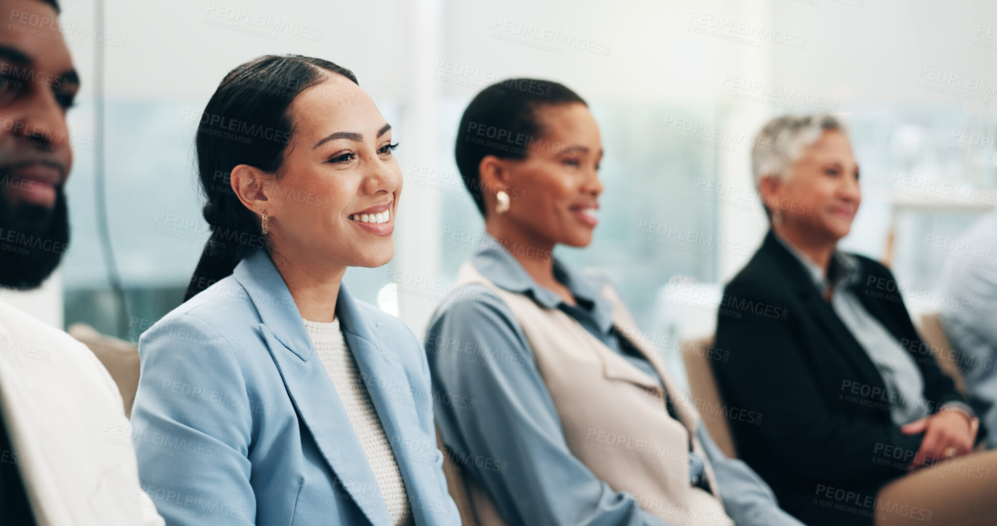 Buy stock photo Smile, laughing a business woman in a meeting with her colleagues for training in a workshop or seminar. Corporate, conference or education with a happy employee in the boardroom of an office