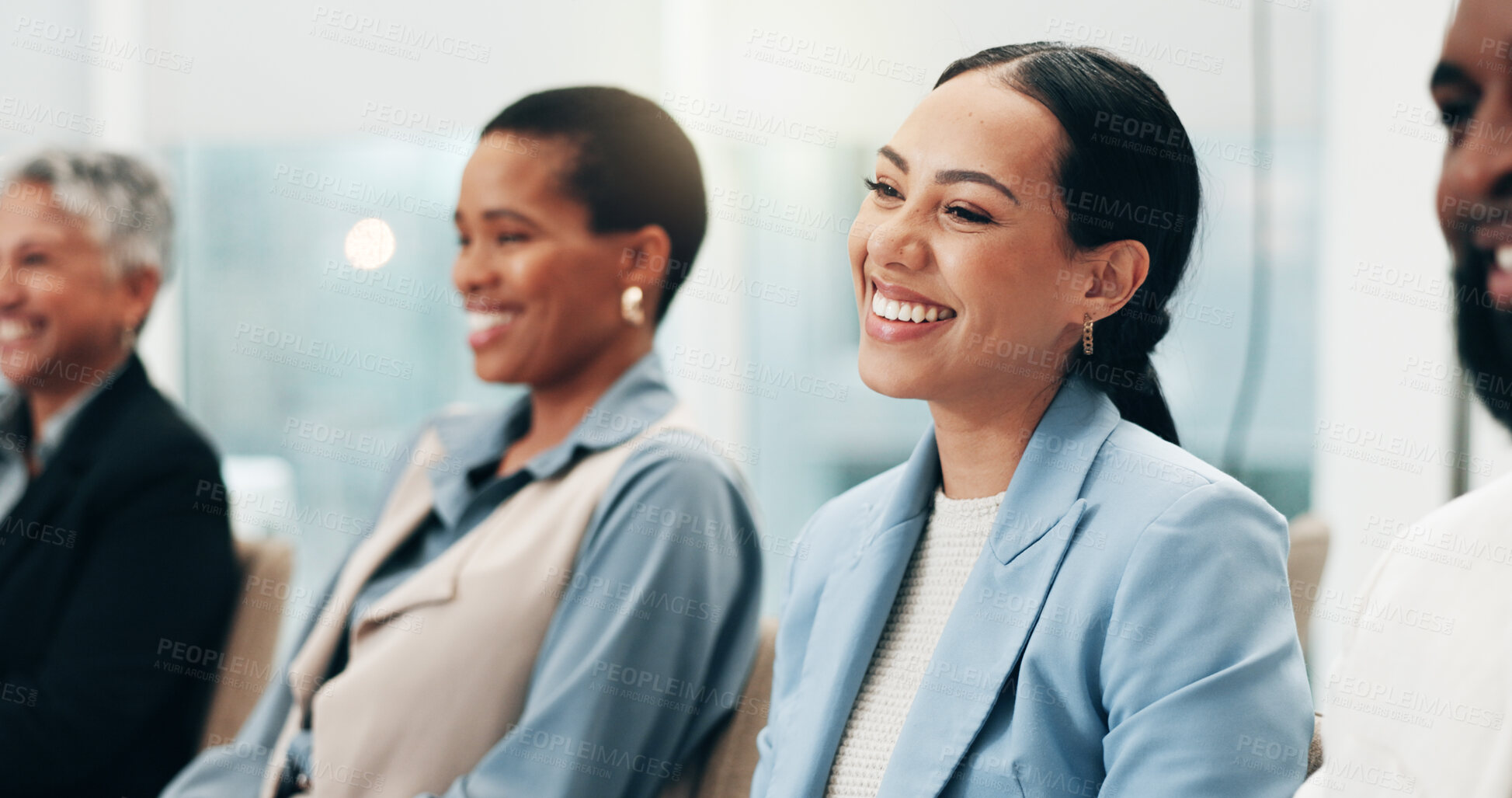 Buy stock photo Smile, laughing a business woman in a meeting with her colleagues for training in a workshop or seminar. Corporate, conference or education with a happy employee in the boardroom of an office