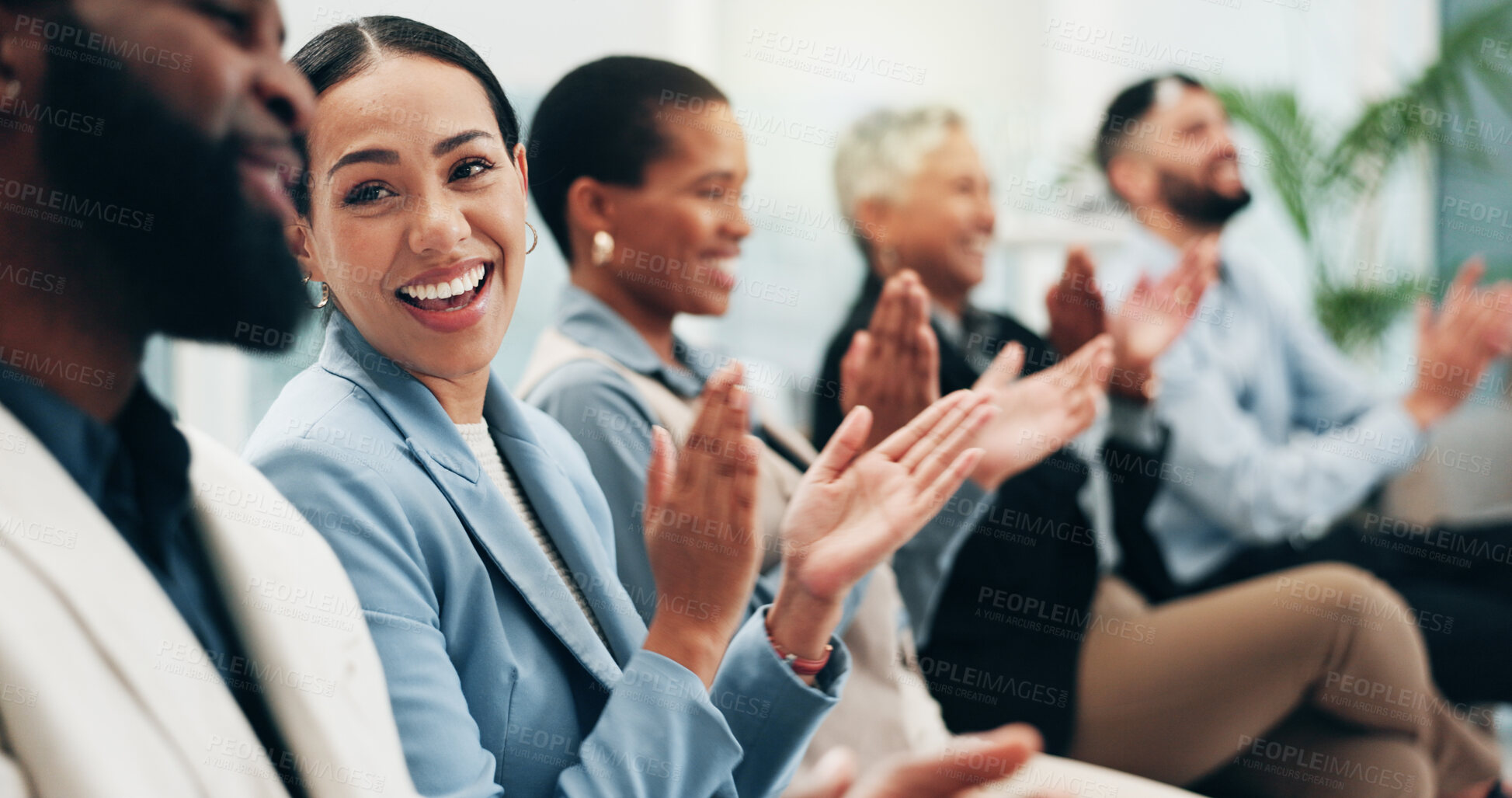 Buy stock photo Business people, woman and team applause in conference, tradeshow and support feedback of success. Happy employees, audience and clapping in celebration, praise or winning award at seminar convention