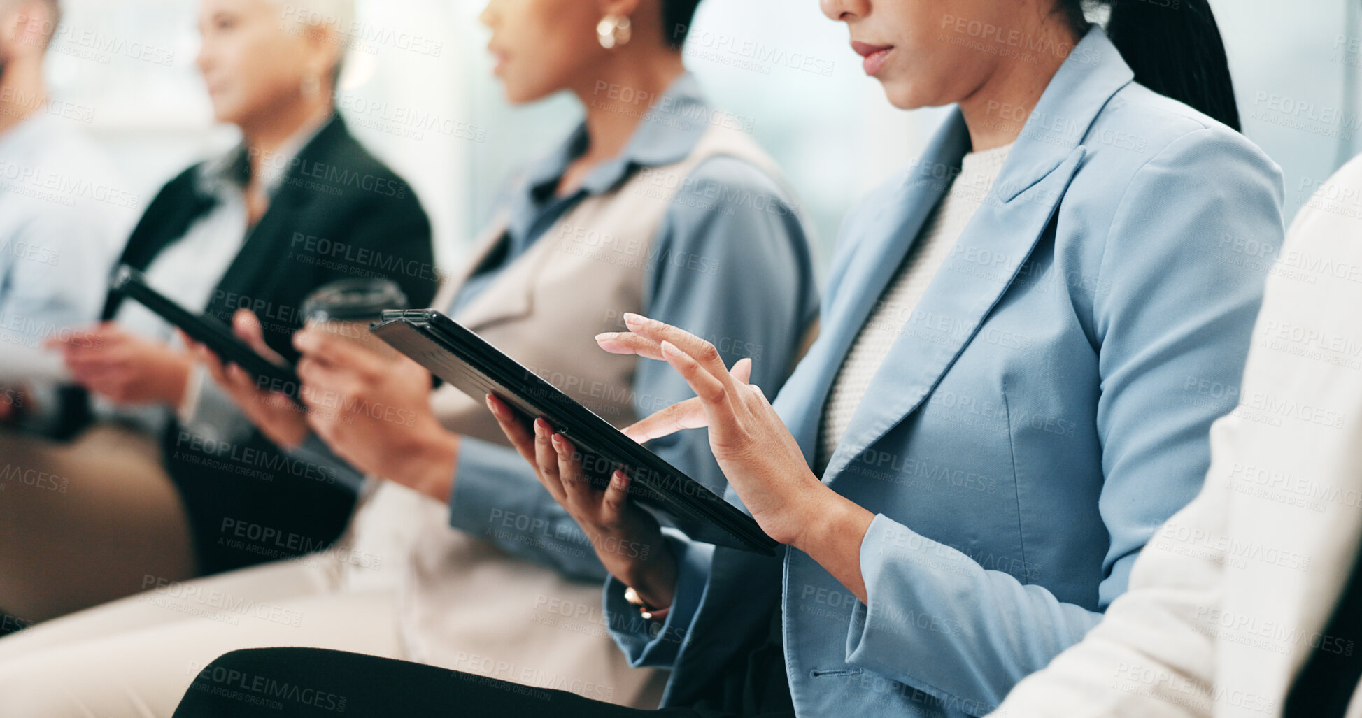 Buy stock photo Conference, hands and audience on tablet for workshop, presentation and employee success with team in office. Business people, digital tech and corporate training for learning convention and seminar