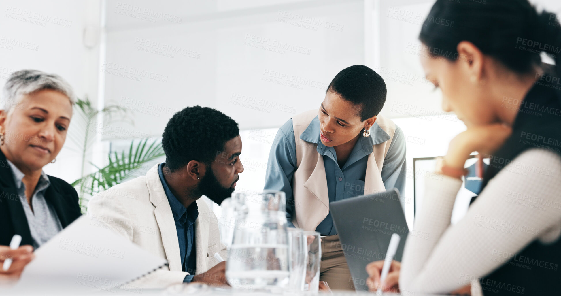 Buy stock photo Meeting, presentation and business people in office for planning, marketing strategy and project ideas. Corporate team, collaboration and men and women brainstorming for solution, proposal and report