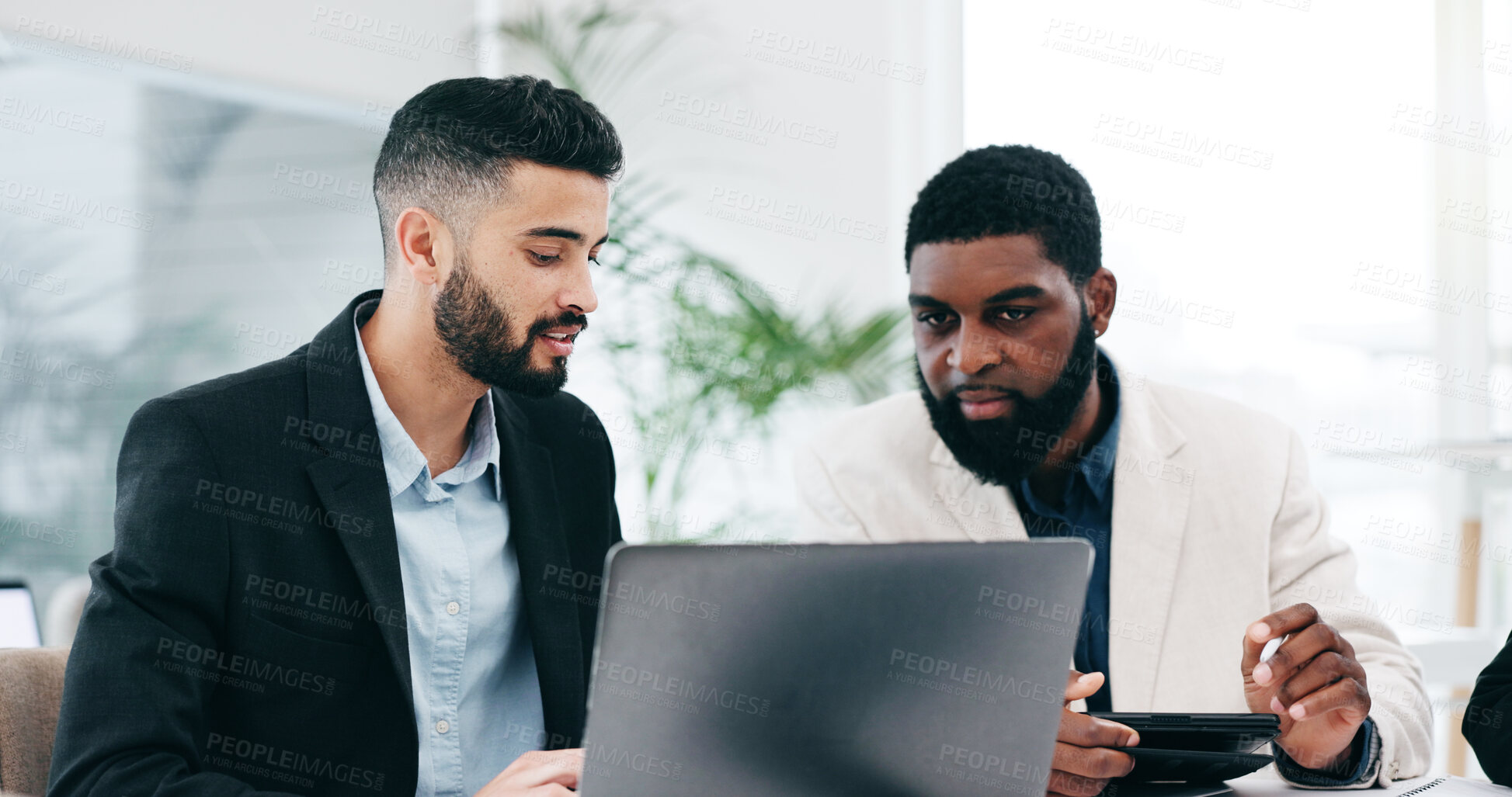 Buy stock photo Teamwork, laptop and business people in office for advice, project management or planning online analysis. Men, diversity and corporate employees at computer for feedback, collaboration or discussion