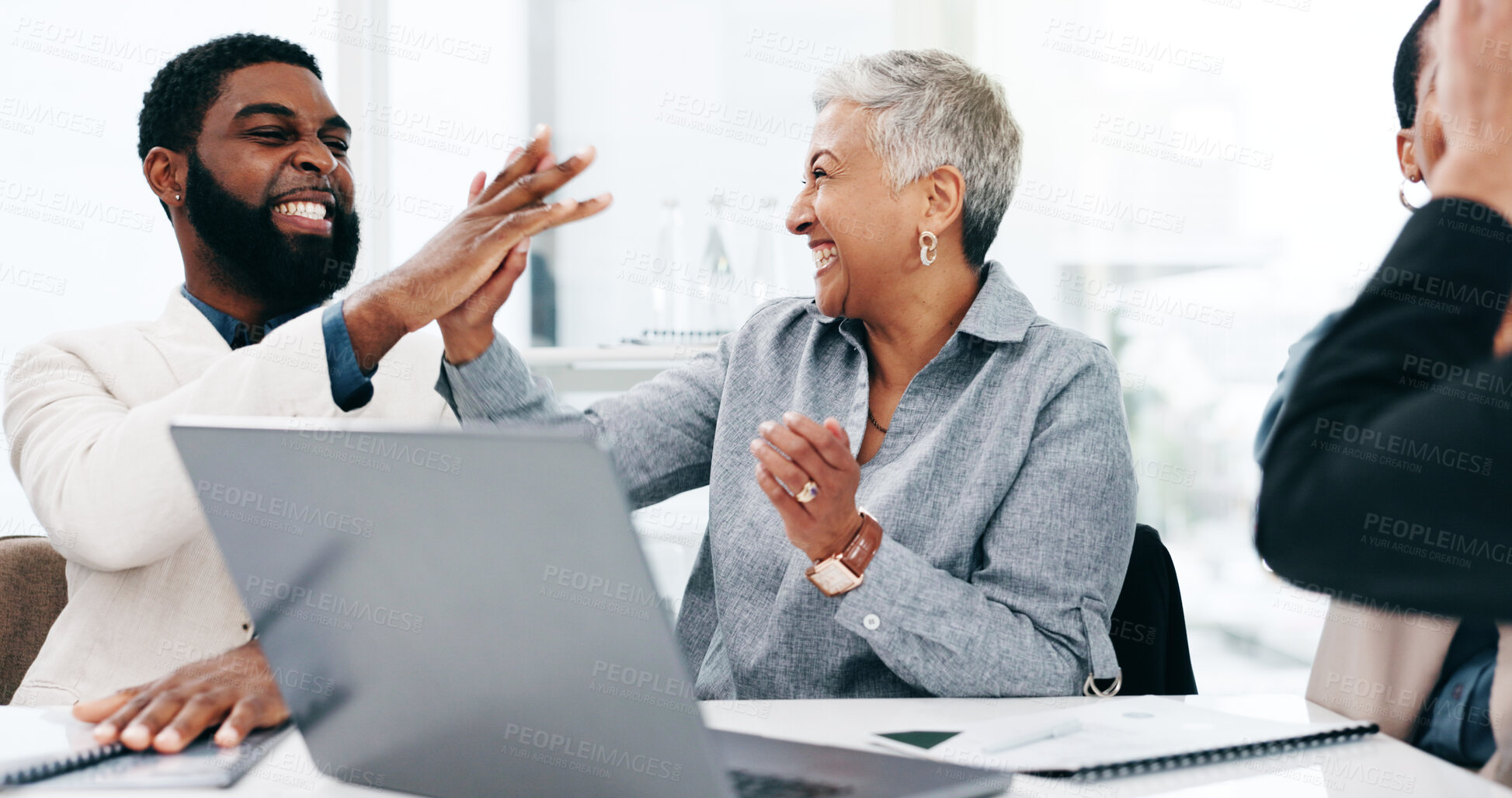 Buy stock photo Business people, team applause and high five in celebration of achievement, goal or success. Clapping, excited and group happy, victory target and congratulations to bonus promotion winner in office