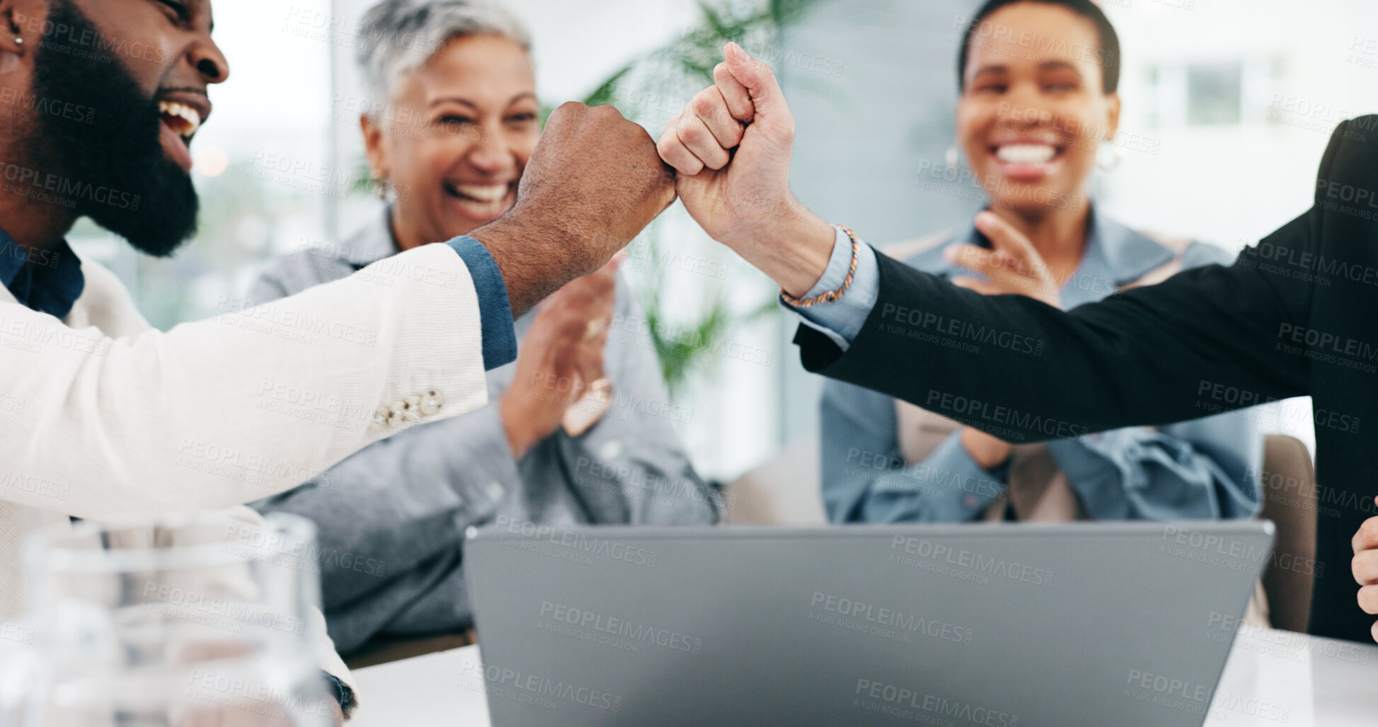 Buy stock photo Business people, team applause and fist bump in celebration of achievement, goal or success. Clapping, excited and group happy, hands together and congratulations to bonus promotion winner in office