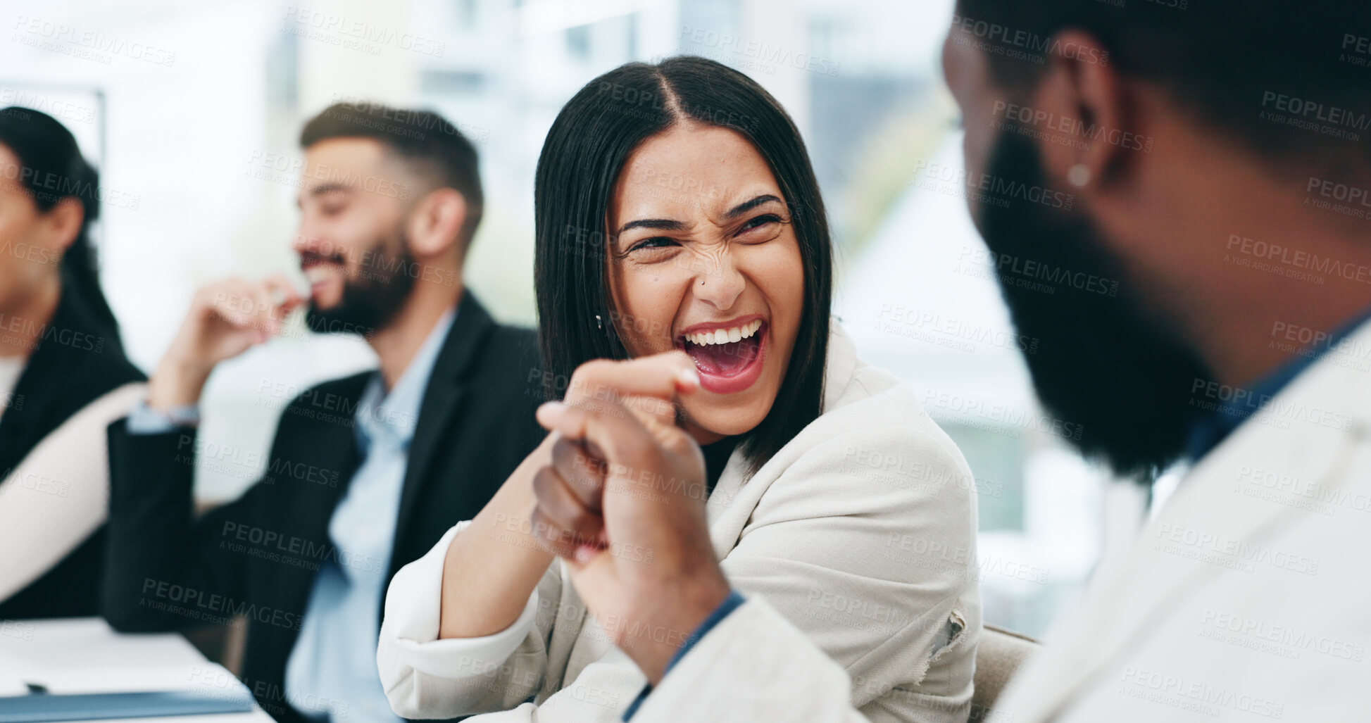 Buy stock photo Business people, meeting and man with woman, fist bump and achievement with success, cooperation and teamwork. Staff, teamwork and group with gesture, collaboration and partnership with celebration