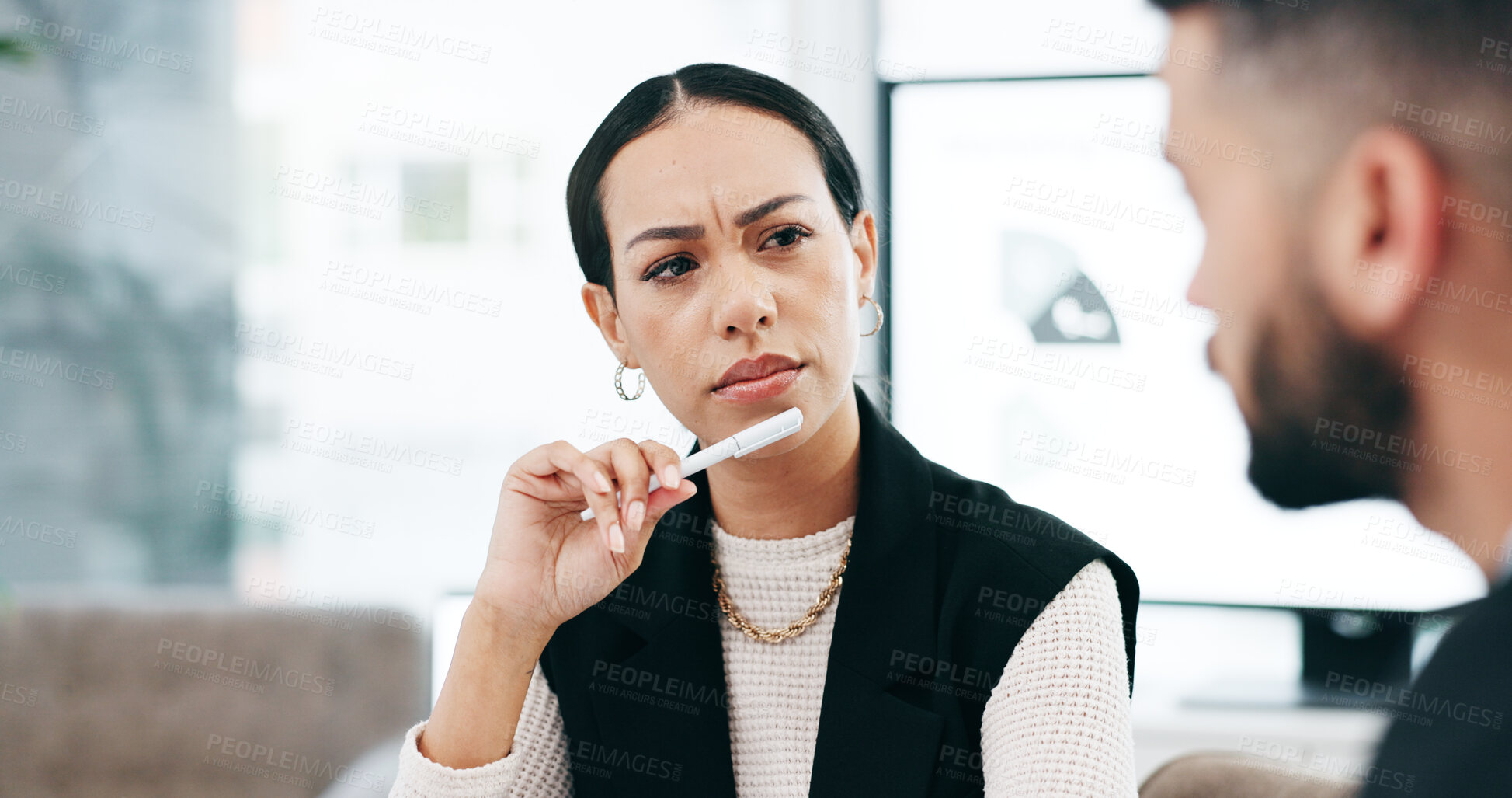 Buy stock photo Talking, meeting and man with hr at work for a business conversation or listening to a complaint. Concern, serious and a female human resources worker speaking to an employee about an office problem