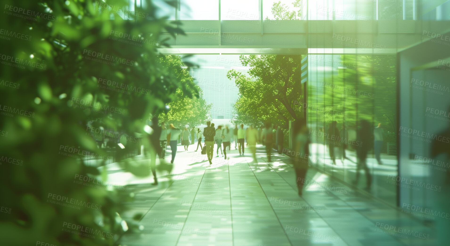 Buy stock photo Corporate, building and business group of people walking for city exploration, sustainable living or office. Blurry, silhouette and movement background for architecture, wallpaper and eco friendly