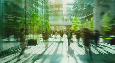 Buy stock photo Corporate, building and business group of people walking for city exploration, sustainable living or office. Blurry, silhouette and movement background for architecture, wallpaper and eco friendly