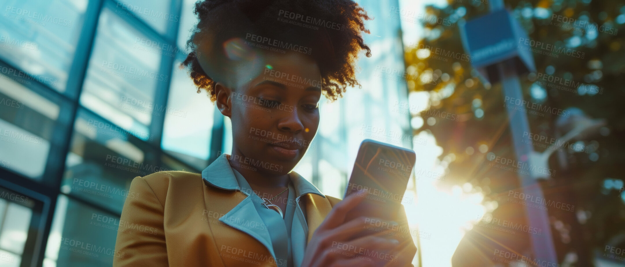 Buy stock photo Woman, smartphone and typing in city for business, smart city or environmental sustainability. Female, African or businesswoman holding a device for mobile app, freelance or network connection