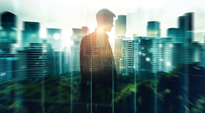 Businessman, CEO and abstract environmental mockup for investment, business and ecosystem. Head silhouette, double exposure effect and cityscape overlay backdrop for wallpaper or sustainable building