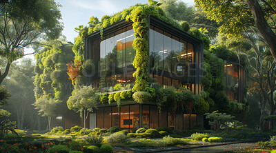 Buy stock photo Architecture, sustainability and environment with buildings in city for carbon footprint, eco friendly and futuristic. Sustainable, glass and construction with nature for green, ecology and plant