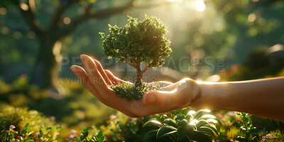Hand, palm and tree for nature sustainability, eco friendly mockup for nurture or environmental sustainability. Earth day, climate change or sustainable future for wallpaper, farming or poster design