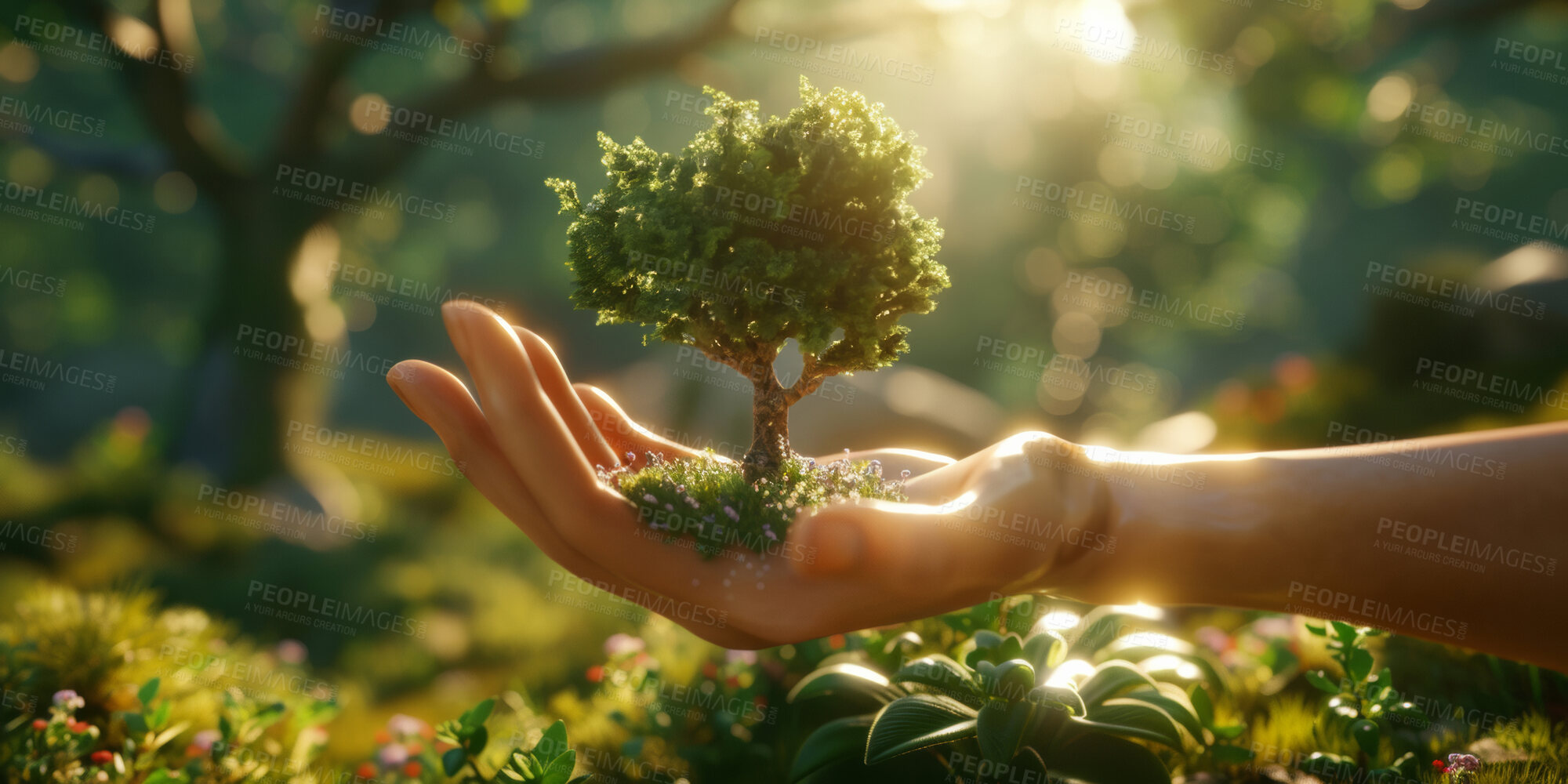 Buy stock photo Hand, palm and tree for nature sustainability, eco friendly mockup for nurture or environmental sustainability. Earth day, climate change or sustainable future for wallpaper, farming or poster design