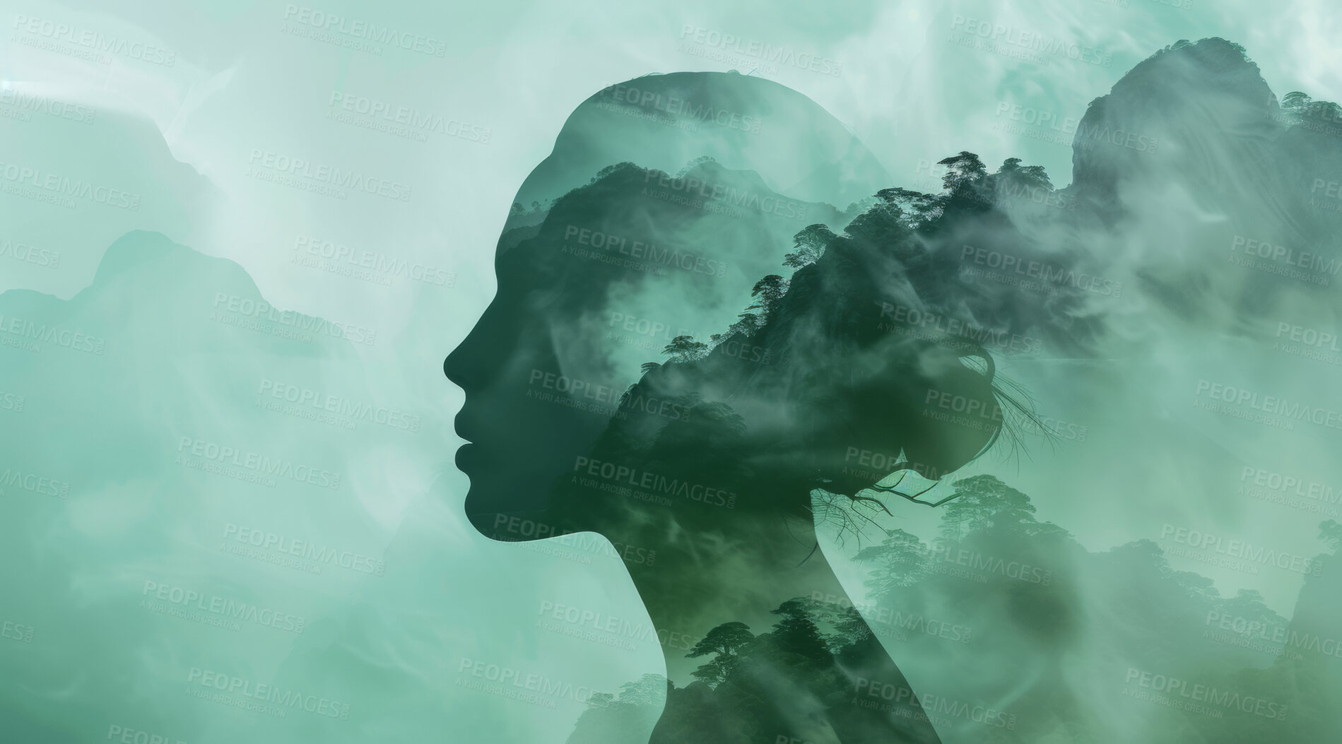 Buy stock photo Mindfulness, human and abstract environmental mockup for meditation, zen and ecosystem. Head silhouette, double exposure effect and green overlay backdrop for wallpaper, copyspace and sustainability