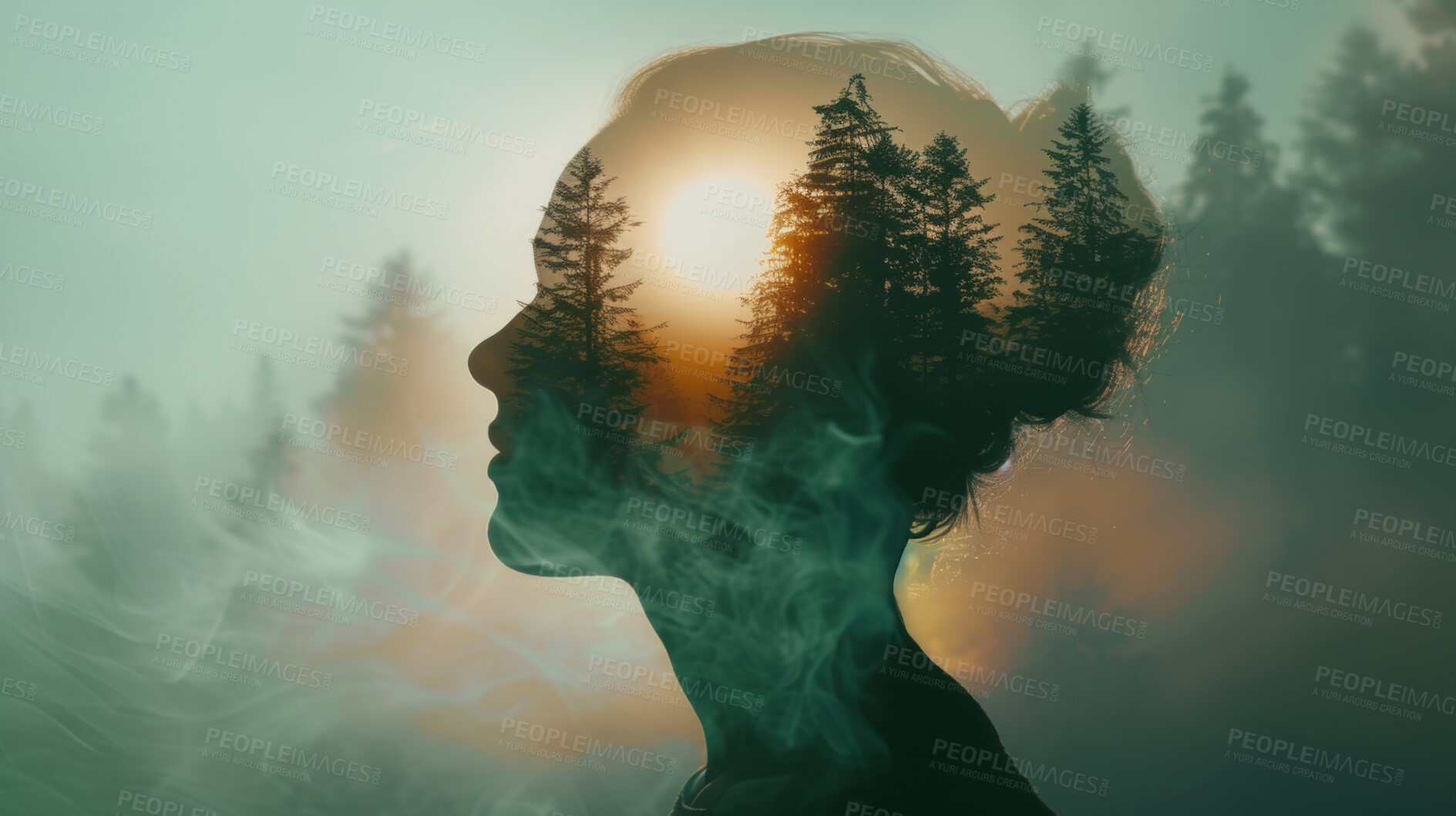 Buy stock photo Mindfulness, human and abstract environmental mockup for meditation, zen and ecosystem. Head silhouette, double exposure effect and green overlay backdrop for wallpaper, copyspace and sustainability