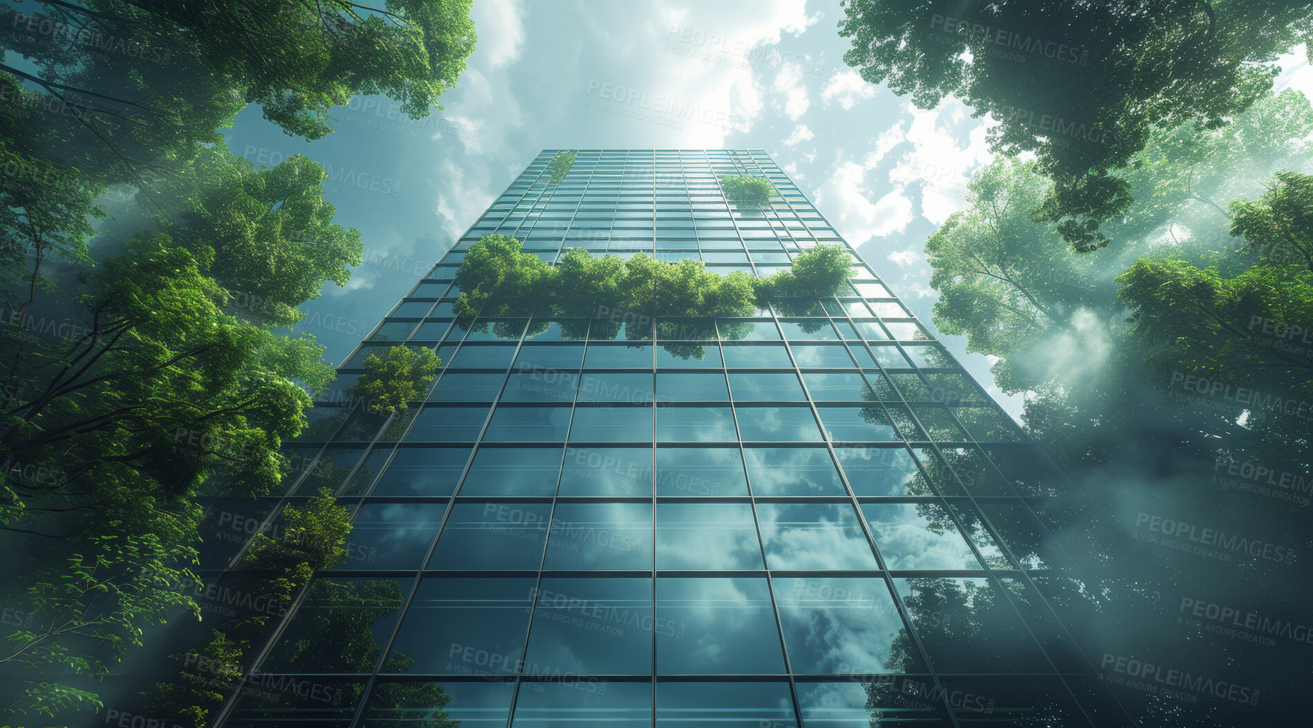 Buy stock photo Architecture, sustainability and environment with buildings in city for carbon footprint, eco friendly and futuristic. Sustainable, glass and construction with nature for green, ecology and plant