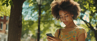 Buy stock photo Woman, smartphone and typing in city for business, smart city or environmental sustainability. Female, African or businesswoman holding a device for mobile app, freelance or network connection