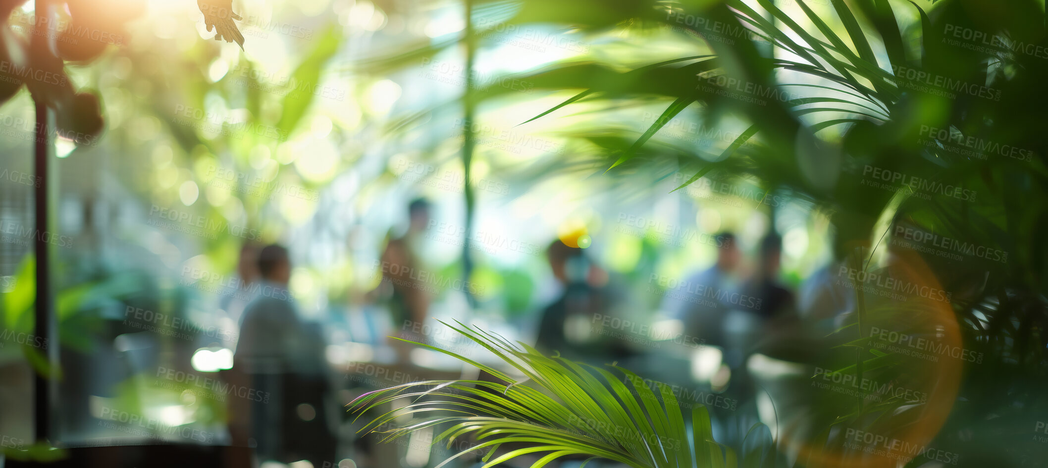 Buy stock photo Group, boardroom and business meeting in an office for collaboration, teamwork and sustainability. Blurry, green and silhouette people sitting together for meeting and leadership in nature workplace