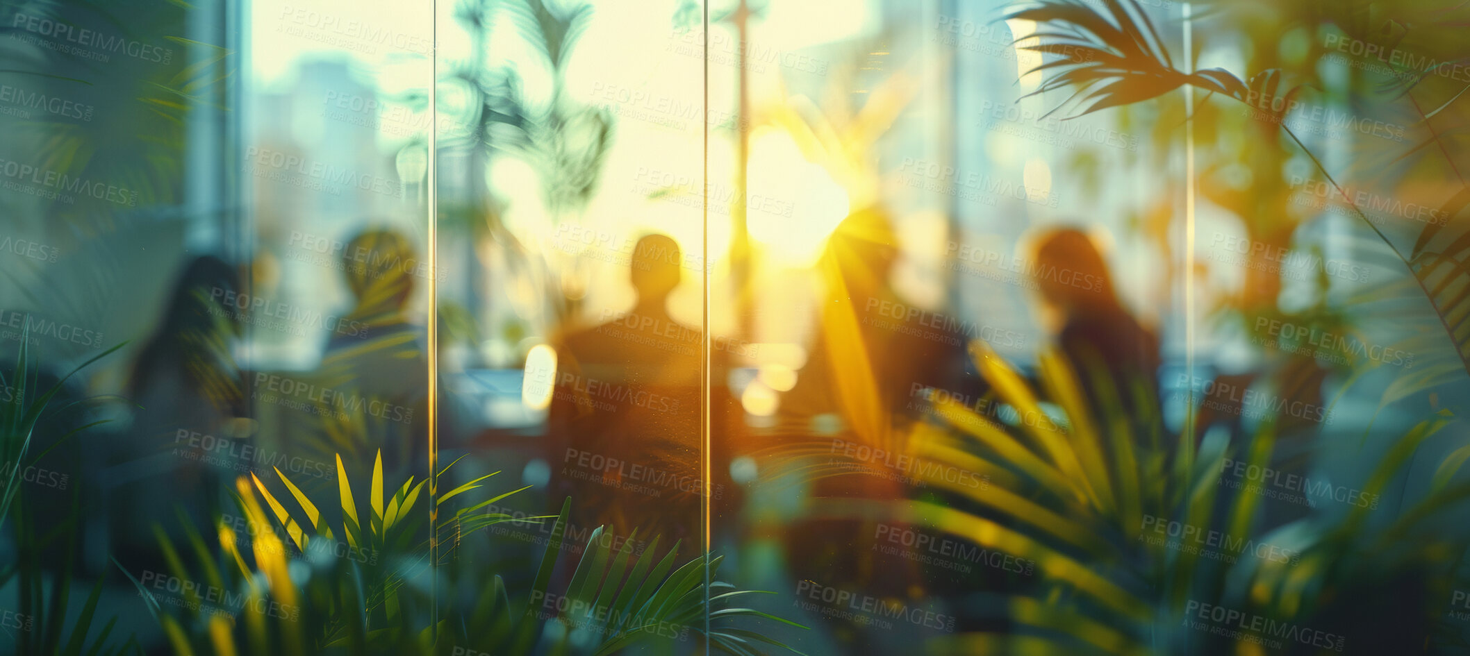 Buy stock photo Group, boardroom and business meeting in an office for collaboration, teamwork and sustainability. Blurry, green and silhouette people sitting together for meeting and leadership in nature workplace