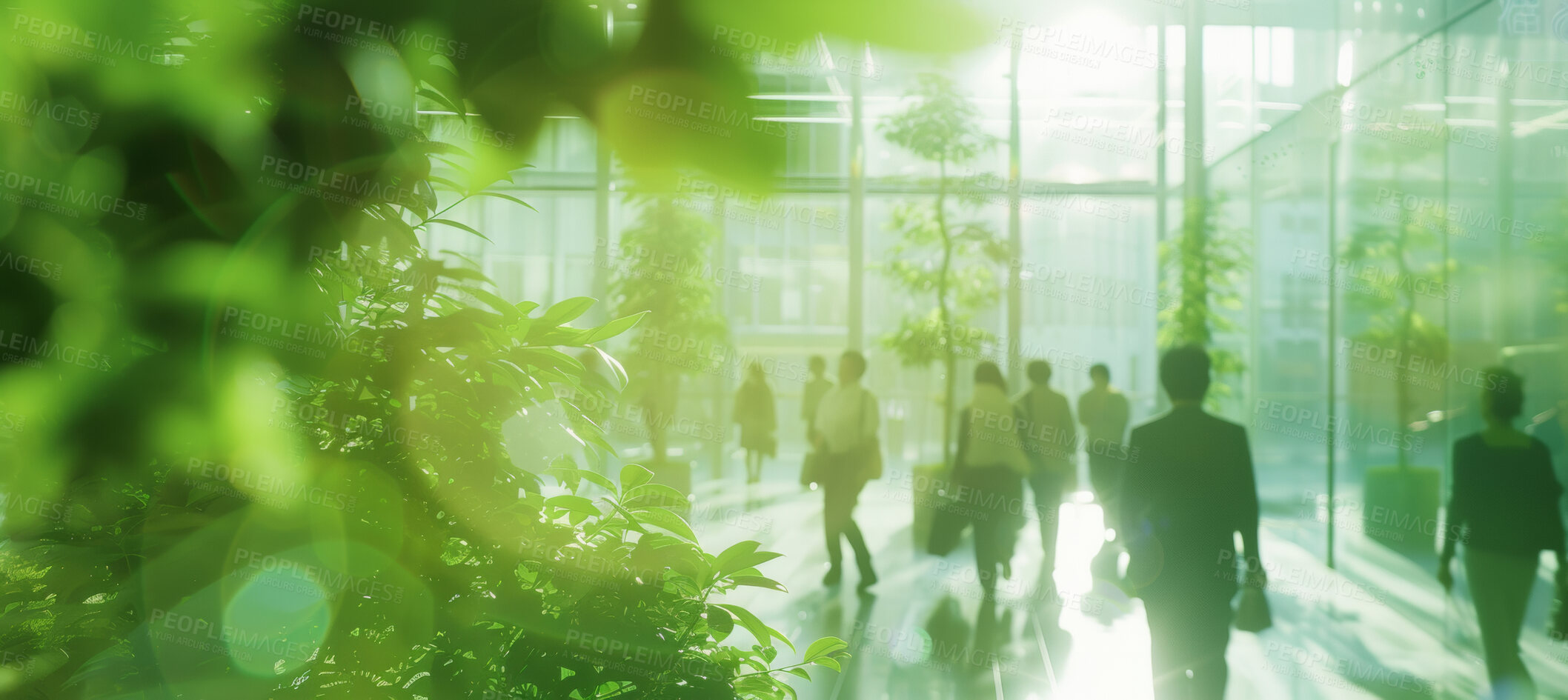 Buy stock photo Corporate, building and business group of people walking for city exploration, sustainable living or office. Blurry, silhouette and movement background for architecture, wallpaper and eco friendly