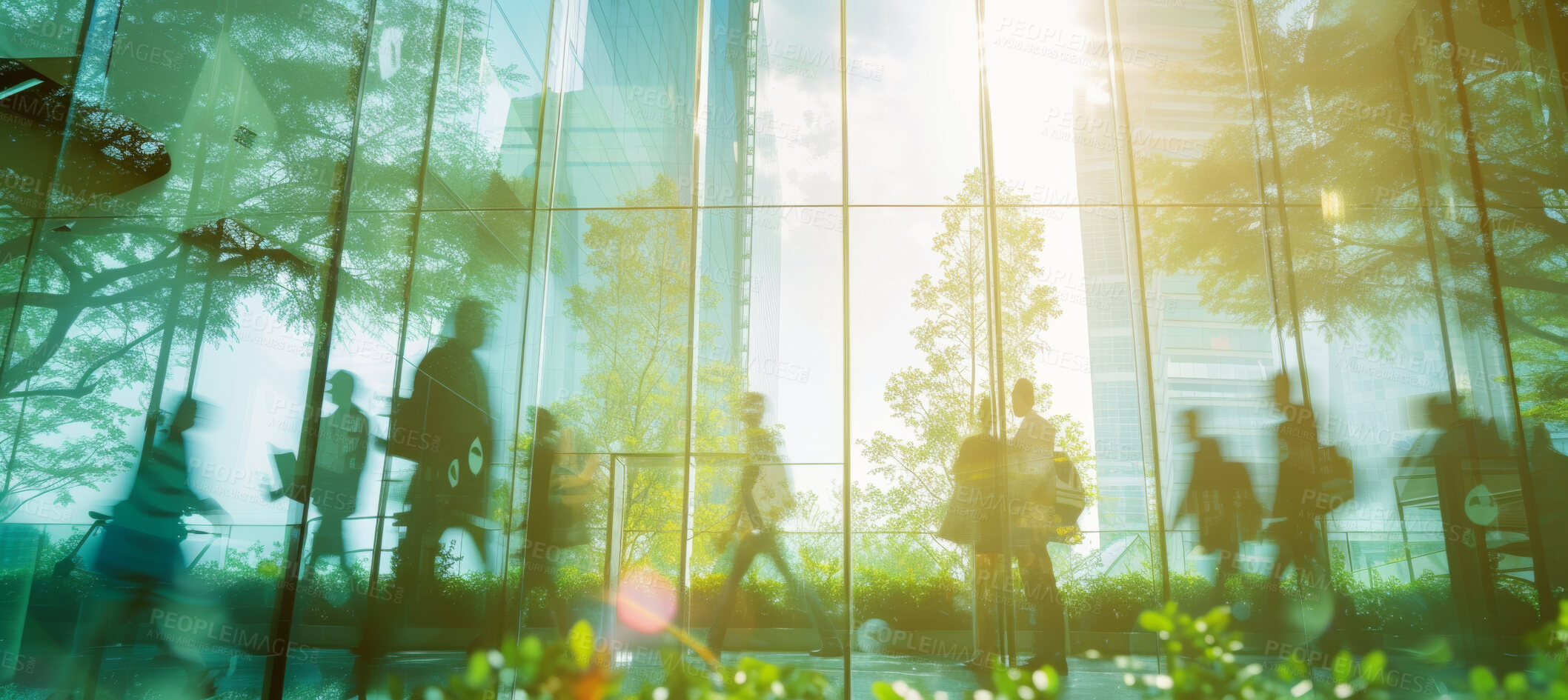 Buy stock photo Corporate, building and business group of people walking for city exploration, sustainable living or office. Blurry, silhouette and movement background for architecture, wallpaper and eco friendly