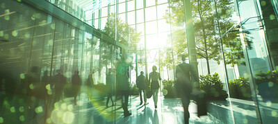 Corporate, building and business group of people walking for city exploration, sustainable living or office. Blurry, silhouette and movement background for architecture, wallpaper and eco friendly