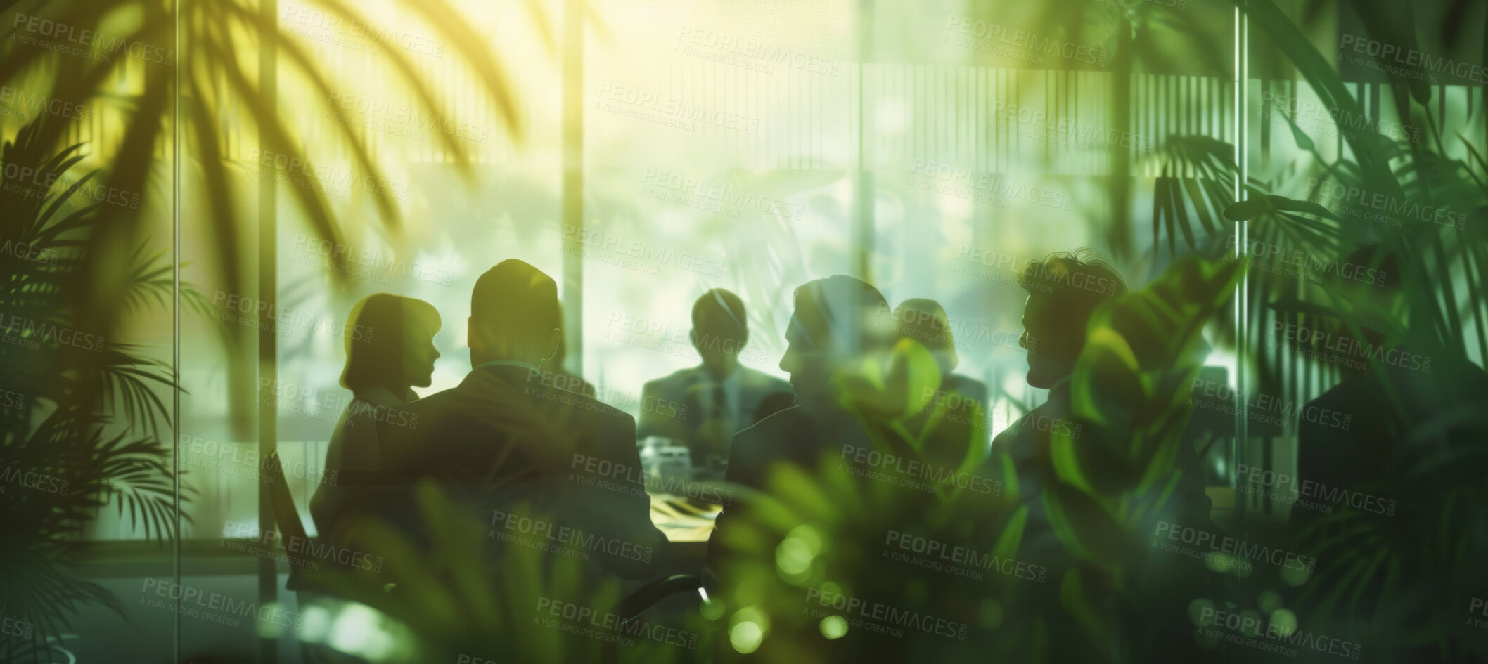 Buy stock photo Group, boardroom and business meeting in an office for collaboration, teamwork and sustainability. Blurry, green and silhouette people sitting together for meeting and leadership in nature workplace