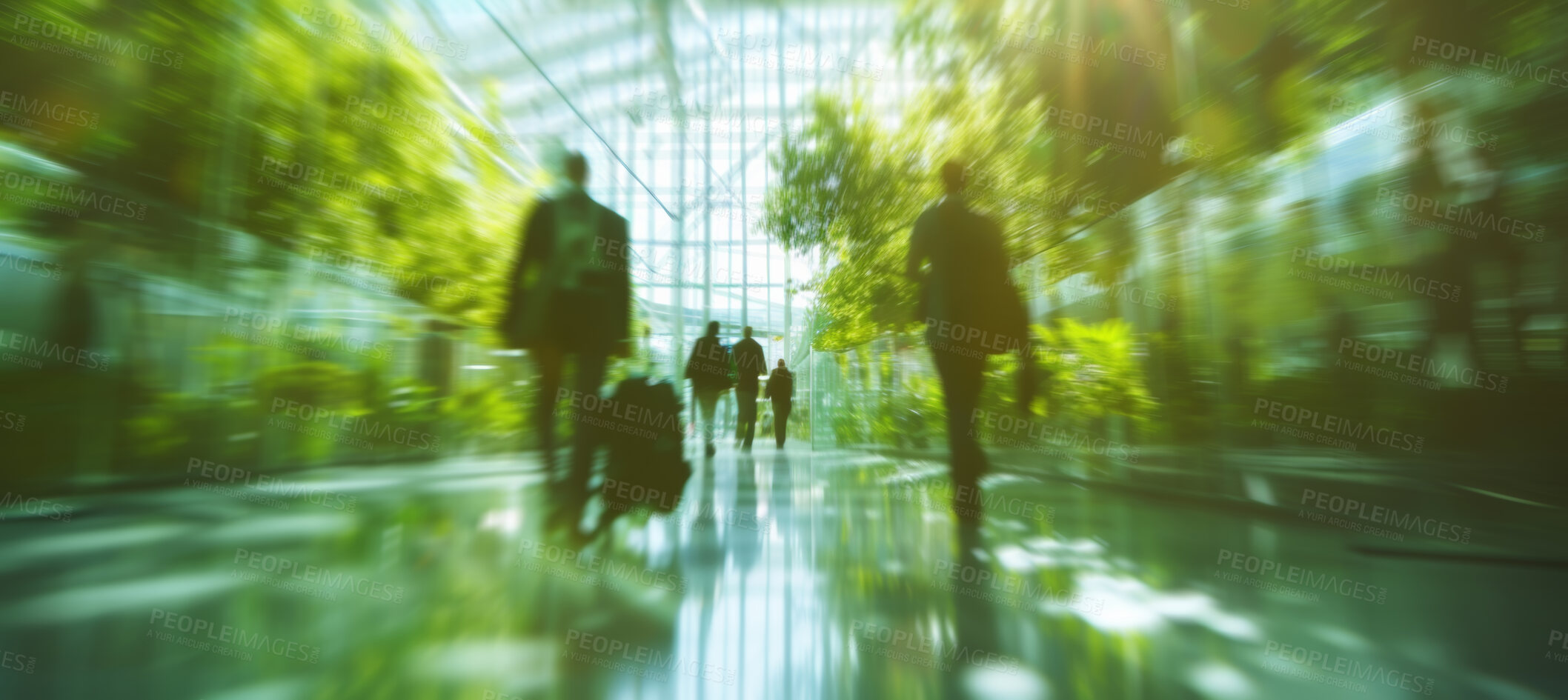 Buy stock photo Corporate, building and business group of people walking for city exploration, sustainable living or office. Blurry, silhouette and movement background for architecture, wallpaper and eco friendly