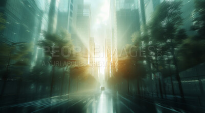 Corporate, building and business centre in city at sunrise for sustainable living, nature or office. Blurry, silhouette and movement background for architecture, wallpaper and eco friendly mockup