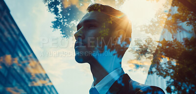 Businessman, CEO and abstract environmental mockup for mindfulness, business and ecosystem. Head silhouette, double exposure effect and city overlay backdrop for wallpaper and sustainability building