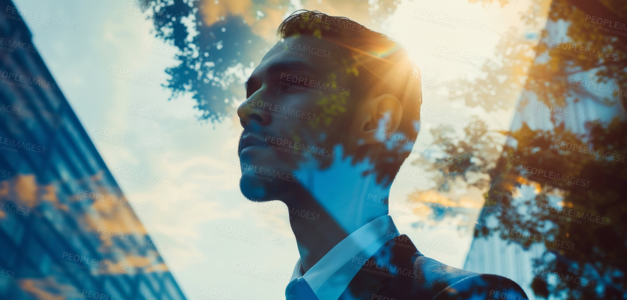 Buy stock photo Businessman, CEO and abstract environmental mockup for mindfulness, business and ecosystem. Head silhouette, double exposure effect and city overlay backdrop for wallpaper and sustainability building