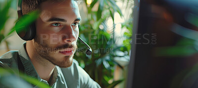 Portrait, call center and consulting with headphones for customer service or telemarketing. Man, confident and consultant talking with headset for environmental sustainability and emergency support