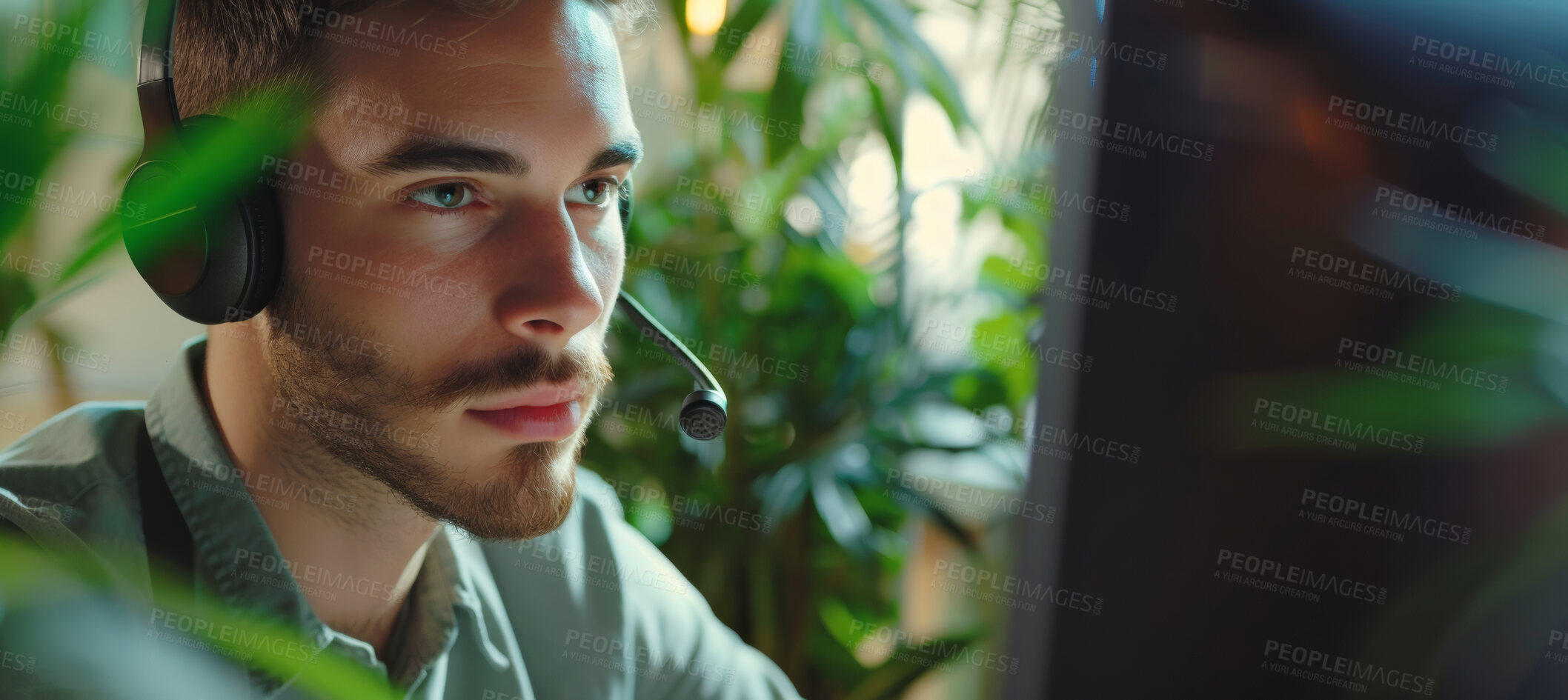 Buy stock photo Portrait, call center and consulting with headphones for customer service or telemarketing. Man, confident and consultant talking with headset for environmental sustainability and emergency support