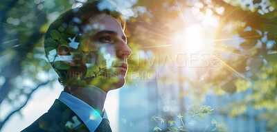 Buy stock photo Businessman, CEO and abstract environmental mockup for mindfulness, business and ecosystem. Head silhouette, double exposure effect and city overlay backdrop for wallpaper and sustainability building