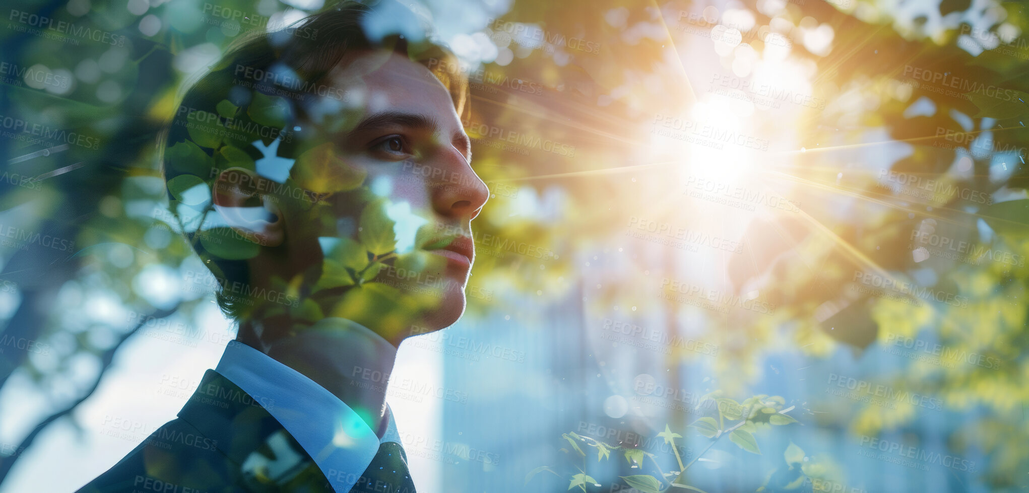 Buy stock photo Businessman, CEO and abstract environmental mockup for mindfulness, business and ecosystem. Head silhouette, double exposure effect and city overlay backdrop for wallpaper and sustainability building