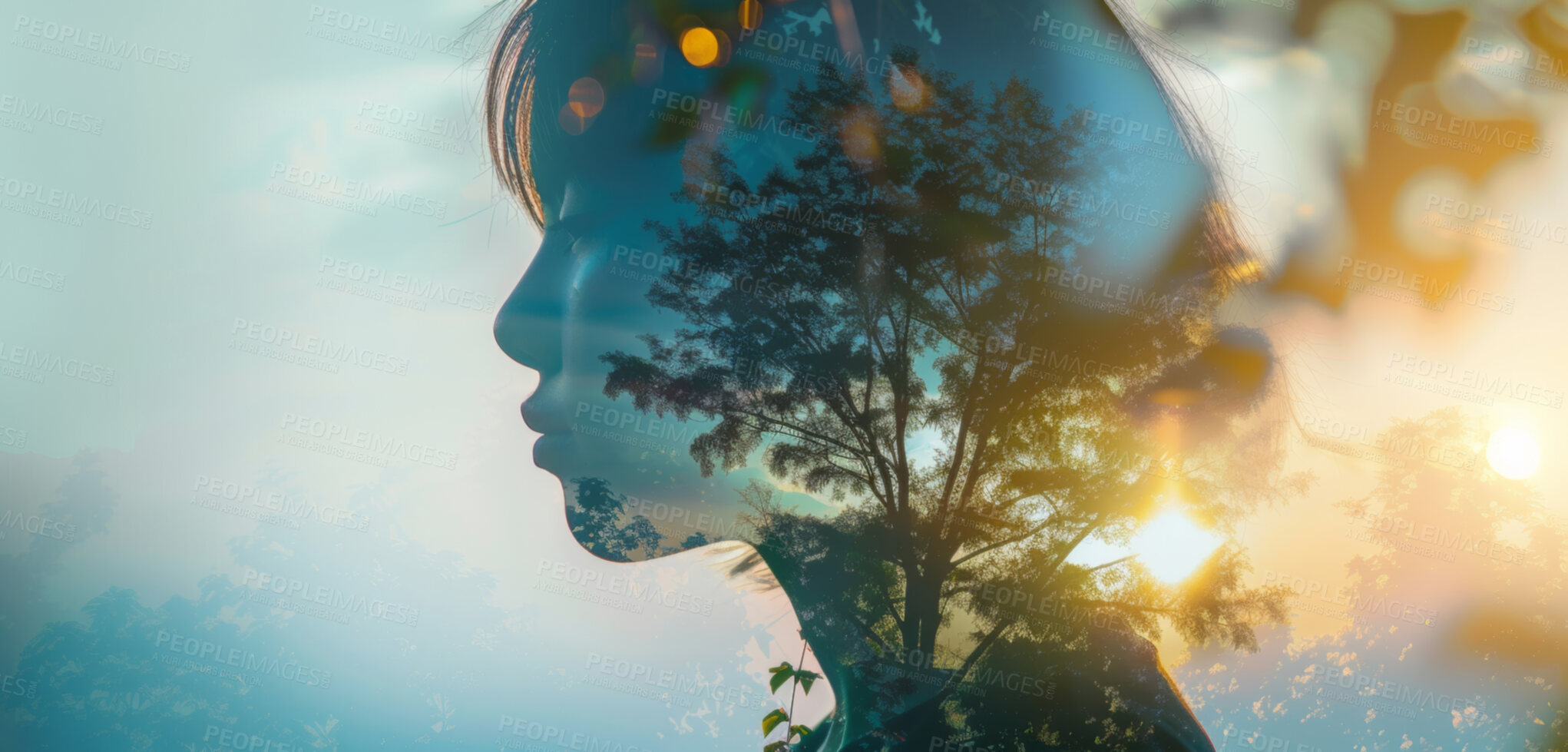 Buy stock photo Mindfulness, human and abstract environmental mockup for meditation, zen and ecosystem. Head silhouette, double exposure effect and green overlay backdrop for wallpaper, copyspace and sustainability