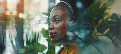 Buy stock photo Portrait, call center and consulting with headphones for customer service or telemarketing. Woman, confident and consultant talking with headset for environmental sustainability and emergency support