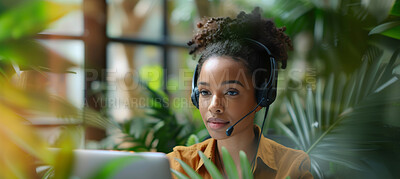 Portrait, call center and consulting with headphones for customer service or telemarketing. Woman, confident and consultant talking with headset for environmental sustainability and emergency support
