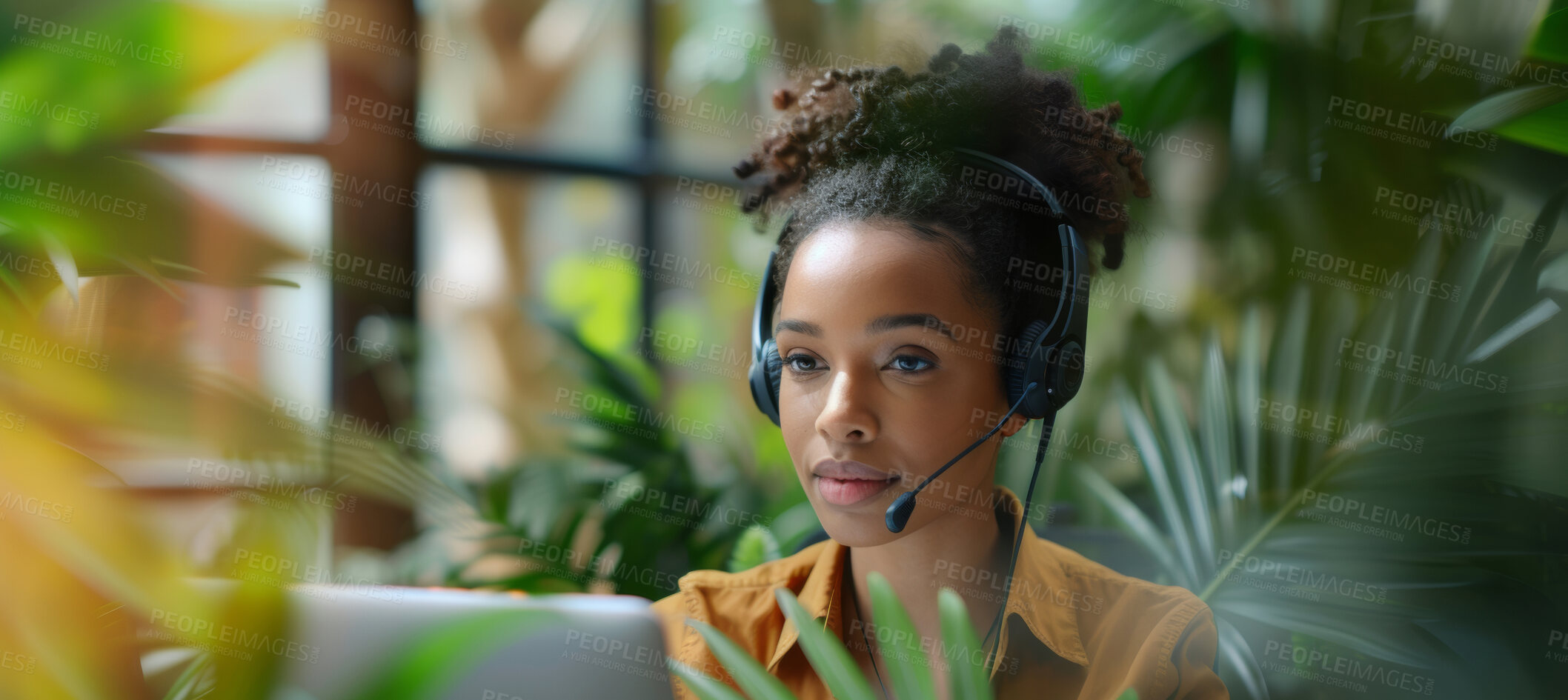 Buy stock photo Portrait, call center and consulting with headphones for customer service or telemarketing. Woman, confident and consultant talking with headset for environmental sustainability and emergency support