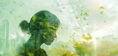 Buy stock photo Mindfulness, human and abstract environmental mockup for meditation, zen and ecosystem. Head silhouette, double exposure effect and green overlay backdrop for wallpaper, copyspace and sustainability
